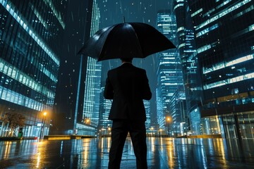 Businessman under an umbrella during the rain, abstract insurance concept. Background with selective focus
