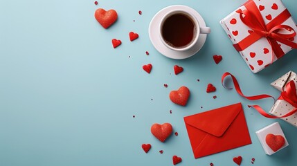 Playful Coffee Break - Colorful Valentine's Composition with Gifts and Mug for Valentine's Day Concept