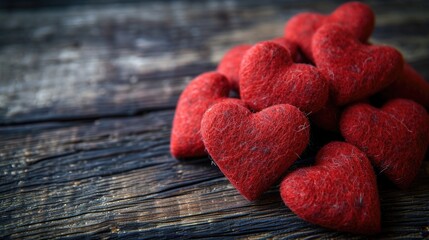 Rustic Heartfelt Sentiment - Red Felt Hearts on Wooden Background for Valentine's Day Concept