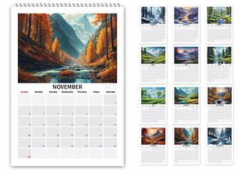 2025 Nature Landscapes Calendar Sheduler US,  Sunday first day of week  with Generative AI Illustration