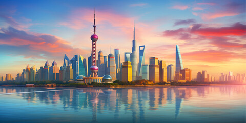 The Shanghai skyline at dusk, in the style of mountainous vistas, light teal and magenta, urban signage, kintsugi, sunrays shine upon it, terraced cityscapes - obrazy, fototapety, plakaty