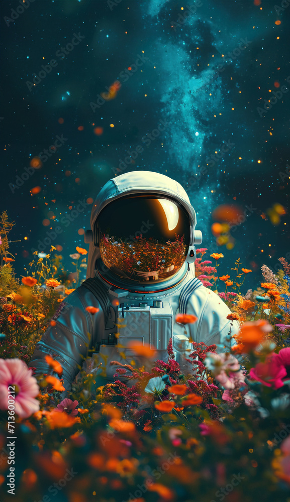 Wall mural an astronaut in a flower field with a full moon in the background.