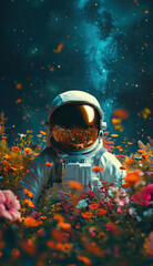 An astronaut in a flower field with a full moon in the background.