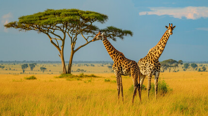 Naklejka premium Elegant giraffes grazing on tall trees in the savannah, portraying the graceful and towering beauty of these herbivores, animals, giraffes, hd, with copy space