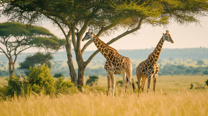 Obraz premium Elegant giraffes grazing on tall trees in the savannah, portraying the graceful and towering beauty of these herbivores, animals, giraffes, hd, with copy space