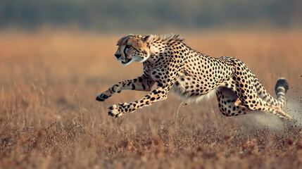 Powerful cheetah sprinting across the African savannah, emphasizing the speed and agility of the world's fastest land mammal, animals, cheetah, hd, with copy space