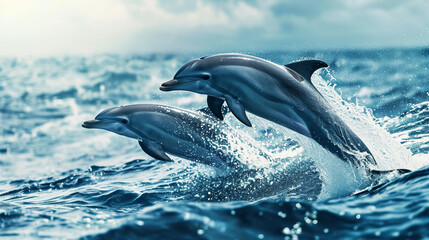 Graceful dolphins leaping playfully in the ocean, depicting the joy and agility of these intelligent marine mammals, animals, dolphins, hd, with copy space
