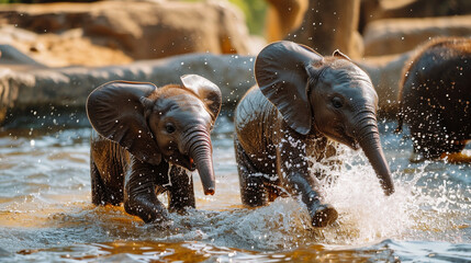 Playful baby elephants splashing and playing in a waterhole, capturing the endearing nature of these intelligent mammals, animals, baby elephants, hd, with copy space - obrazy, fototapety, plakaty
