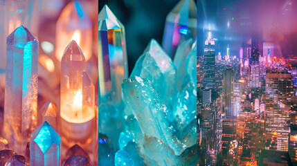 Multicolored natural crystals of the city type skyscrapers