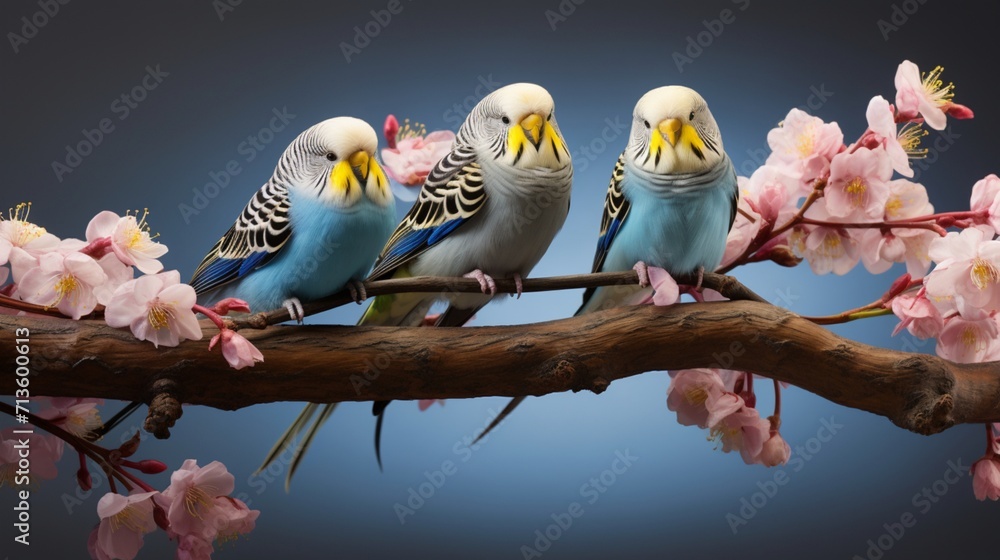 Poster budgerigars gathering on blossoming branches in harmonious display - ai-generative