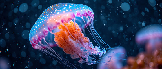 Dive into the mesmerizing depths with this vibrant jellyfish in an ultra-wide sea. Its translucent body glows in shades of orange and pink, complemented by elegant, flowing tentacles