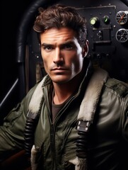 Obraz premium Skilled Male Pilot Navigating Aircraft, AI Generated