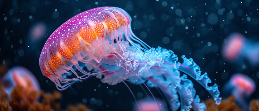 Fototapeta Mesmerizing jellyfish in vibrant hues of orange and pink, gracefully drifting in a dark, mysterious underwater world with rocks and coral formations. Rays of light accentuate its intricate details