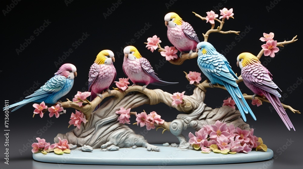 Poster budgerigars gathering on blossoming branches in harmonious display - ai-generative