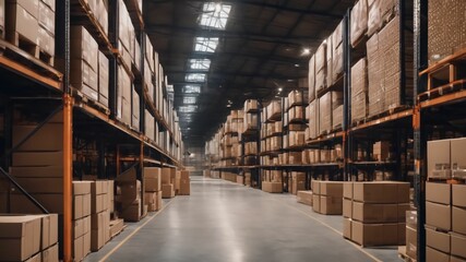 Large industrial warehouse with high racks. In the foreground are a lot of cardboard boxes.Ai generative - obrazy, fototapety, plakaty