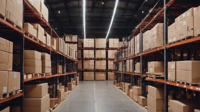 Large industrial warehouse with high racks. In the foreground are a lot of cardboard boxes.Ai generative
