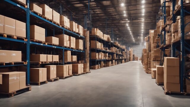 Large industrial warehouse with high racks. In the foreground are a lot of cardboard boxes.Ai generative