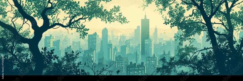 Poster environment city in spring green illustration and city architecture in spring and summer forest gene