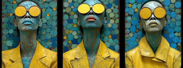 The Enigmatic Gaze, A Man Adorned With Three Ethereal Yellow Circles Over His Eyes