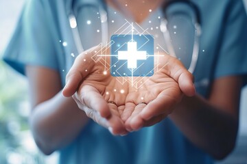 Health insurance and medical welfare concept. people hands holding plus symbol and healthcare medical icon, health and access healthcare - obrazy, fototapety, plakaty