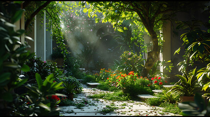 Vegetação exuberante rodeia um pátio tranquilo onde a luz do sol se filtra pelas folhas lançando sombras manchadas no chão