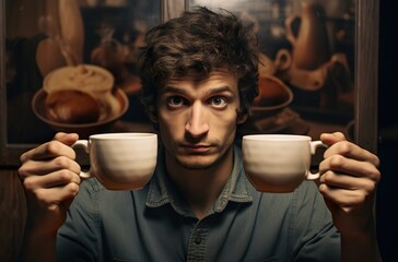 man with many cups of coffee, barista prepare espresso, wake up concept