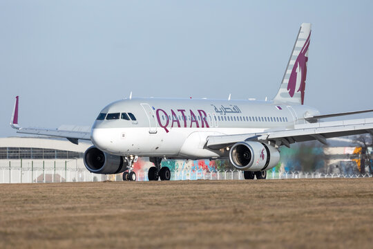 PRAGUE - December 27, 2023: Qatar Airways Airbus A320-232 REG:A7-AHP at Vaclav Havel Airport Prague. From Doha to Prague. Qatar Airways is the state-owned flag carrier of Qatar.