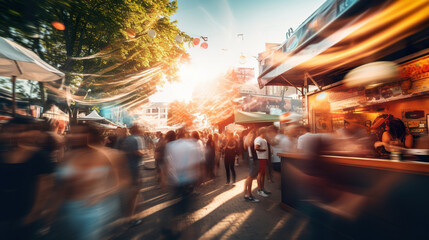 crowd of people on street food festival in summer park on sunset or at night, in style of blurred motion with bokeh