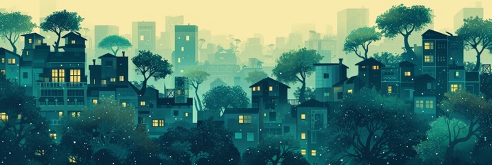 urban landscape with trees and some buildings in the style of dark teal and light green Generative AI