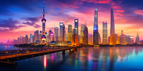 Shanghai skyline at dusk, in the style of mountainous vistas, light teal and magenta, urban signage, kintsugi, sunrays shine upon it, terraced cityscapes, light yellow and green