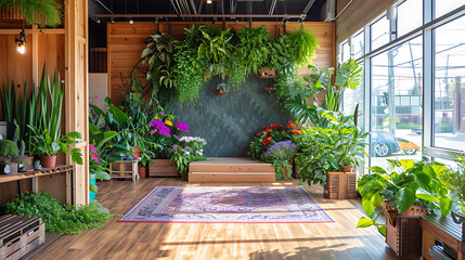Exuberante vegetação e flores coloridas cercam um estúdio de ioga sereno criando uma atmosfera pacífica e rejuvenescedora