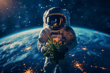 Astronaut in a Spacesuit with a Festive Bouquet of Flowers in his Hands in Space. Illustration Concept for Celebrating Cosmonautics Day. Space Exploration, Satellite Launch, Flight to the Moon.