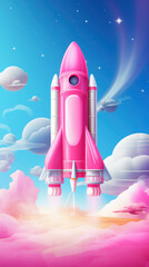 Fantastic Cartoon Pink Spaceship Flies in Outer Space. Concept for Celebrating Cosmonautics Day. Space Exploration, Satellite Launch, Flight to the Moon.