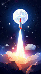 Cartoon Space Rocket Takes Off into Space against the backdrop of the Planet. Concept for Celebrating Cosmonautics Day. Space Exploration, Satellite Launch, Flight to the Moon. Vertical Banner