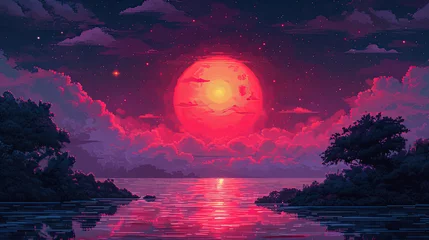 Fotobehang A sunset on a retro background, 1980's style pixel art scene © miketea88