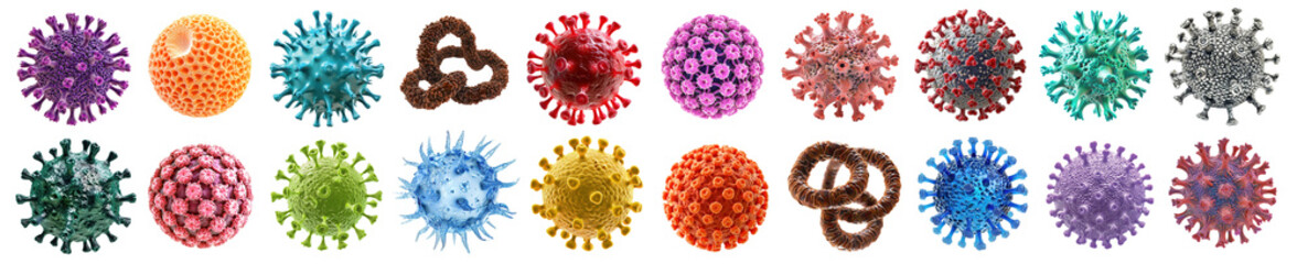 Set of different types of virus and molecule colorful shapes over isolated transparent background - obrazy, fototapety, plakaty