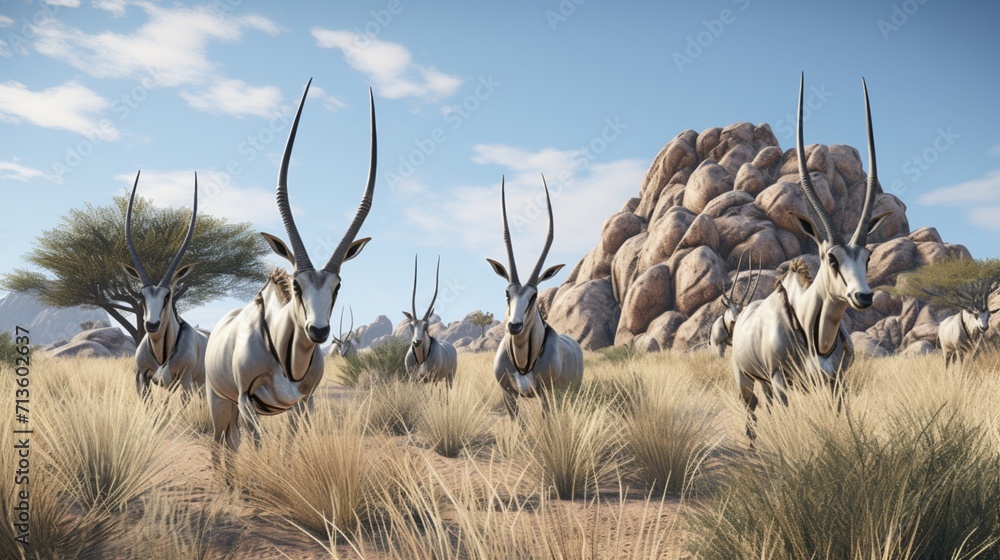 Poster graceful oryx herd grazing amidst sparse vegetation on the vast plains - ai-generative
