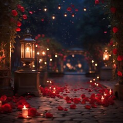 An elegant and atmospheric scene with a pathway illuminated by soft lanterns, complemented by the presence of red rose petals. Generative AI