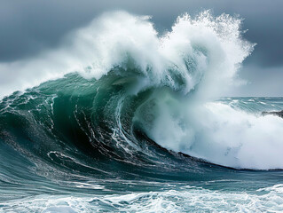Coastal scene capturing the forceful impact of waves against a breaker