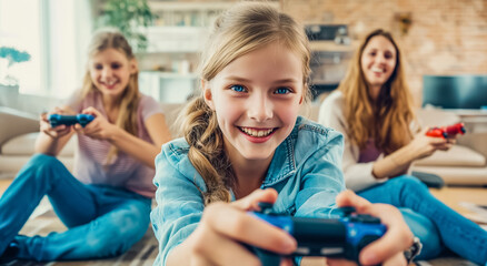 Obraz premium Excited friends playing video games over console at home. 