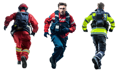 Paramedic set with male professional running in back and front view. Isolated against white transparent background