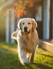 Pet dog outside, golden retriever on yard, sunny day, joyful animal