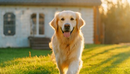 Pet dog outside, golden retriever on yard, sunny day, joyful animal