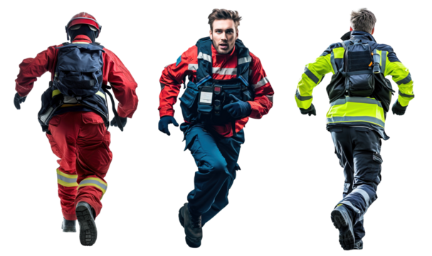 Paramedic set with male professional running in back and front view. Isolated against white transparent background