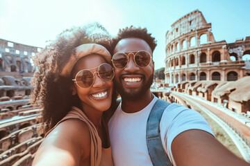 Fototapeta na wymiar Romantic African American couple taking selfie of on vacation with the roman colosseum in the background