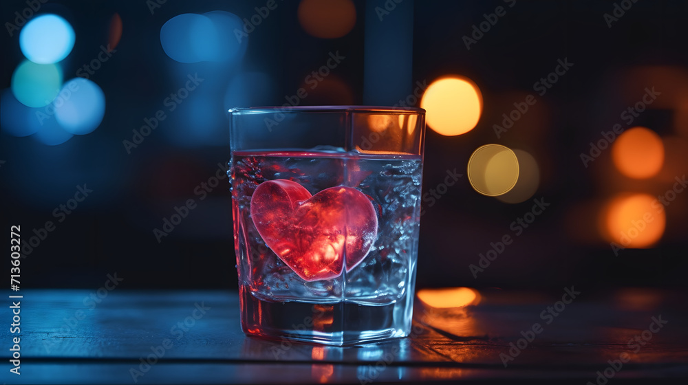 Poster a heart - shaped ice cube in a glass of water on a table in a dark room with lights in the backgroun
