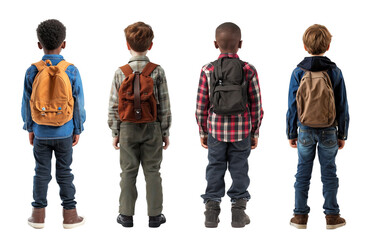 Back view full body shot of different multi ethnic school boys over isolated transparent background