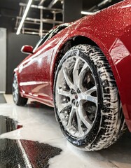 Sport red car in washing service with soap foam