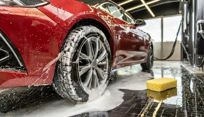 Sport red car in washing service with soap foam - obrazy, fototapety, plakaty