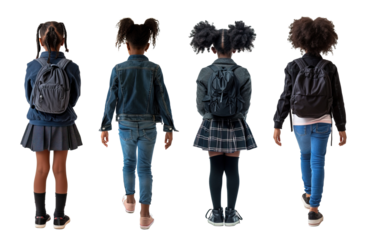 Collage of back view of African American school girls against white transparent background